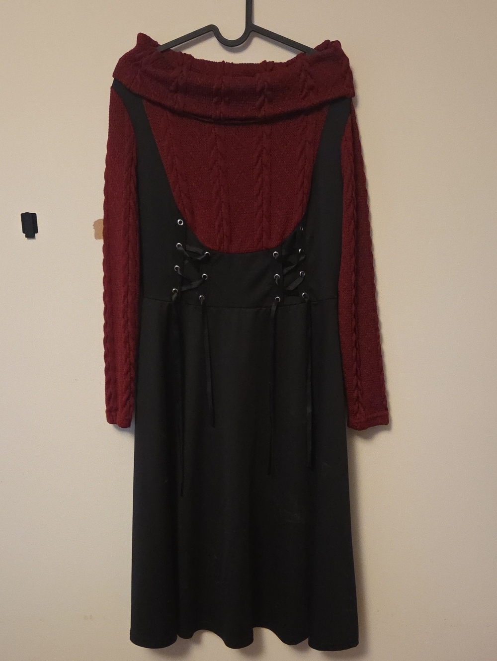 Burgundy Knit Long-Sleeve with Black Lace-Up Pinafore Dress